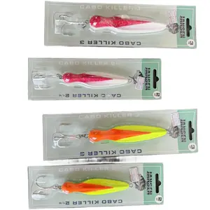 Cabo Killer by Jansen; Long-casting lures in 2 1/4 and 3 oz. They come in red and white it’s, pink and white, and yellow and orange.