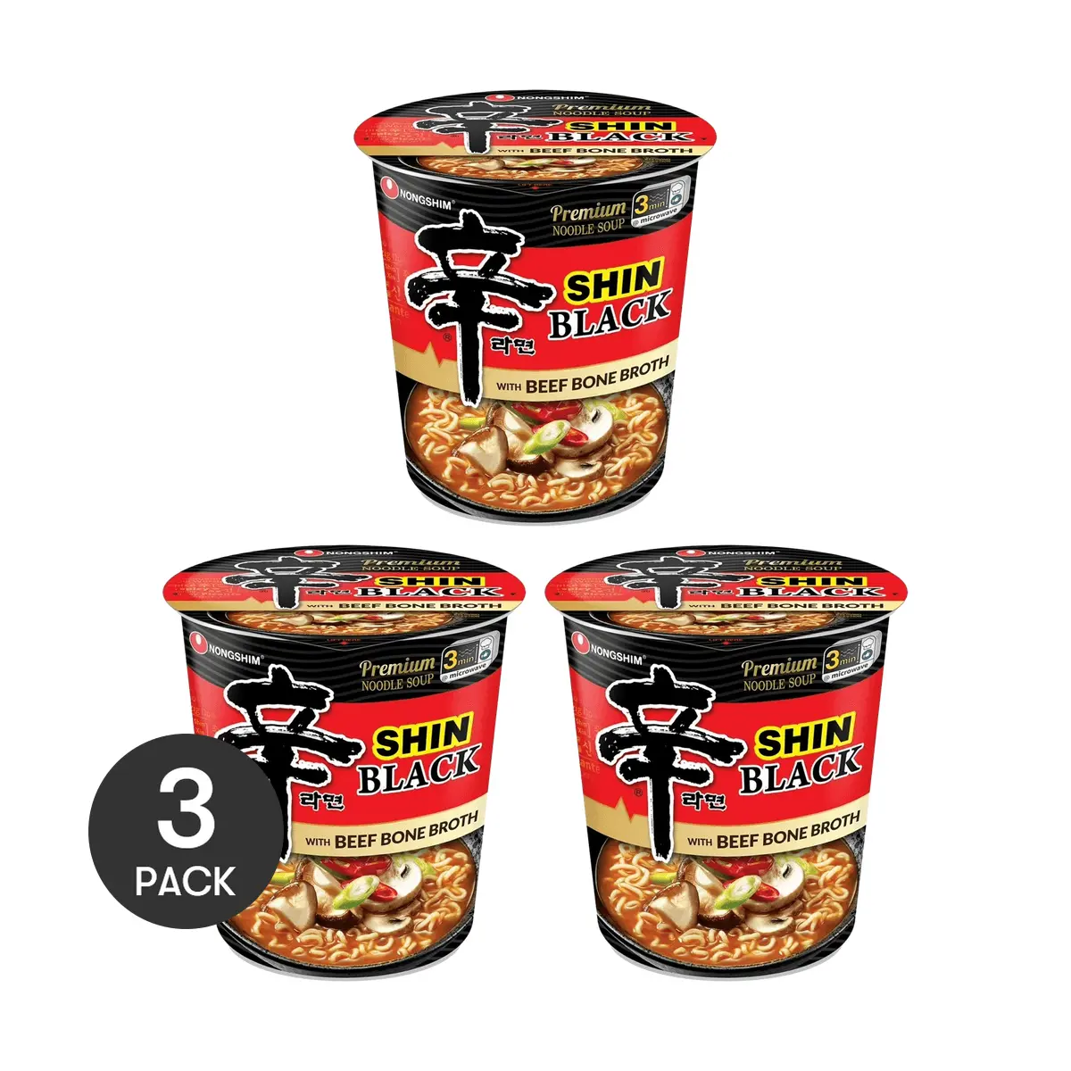 3 Pack Nongshim Shin Black Ramyun 3.56 oz - Premium Korean Ramen, Beef Broth Instant Noodles