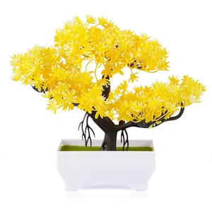 Mini Artificial Bonsai Tree Plants with Plastic Cement Pots for Home Office Décor (Yellow)