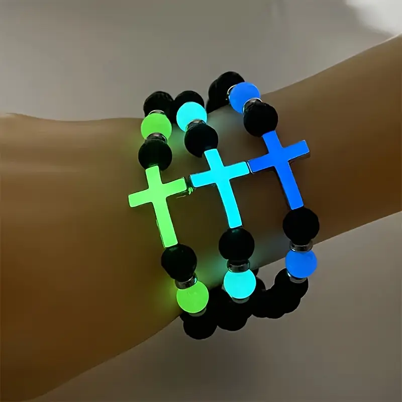 3-piece luminous cross wristband set, fashionable style, artificial stone, luminous, casual wear, party accessory, gift idea Adjustable Rate Couples Bracelet Knot Leather Tiger Eye Crystal