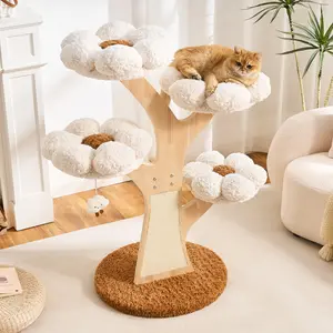 HITTITE Flower Cat Tree, 48" Wood Branch Cat Tower, White Cloud Cat Tree with Scratching Post for Indoor Adult Cats, Luxury Cat Tree with Cozy Perches & Interactive Squeaky Hanging Toy