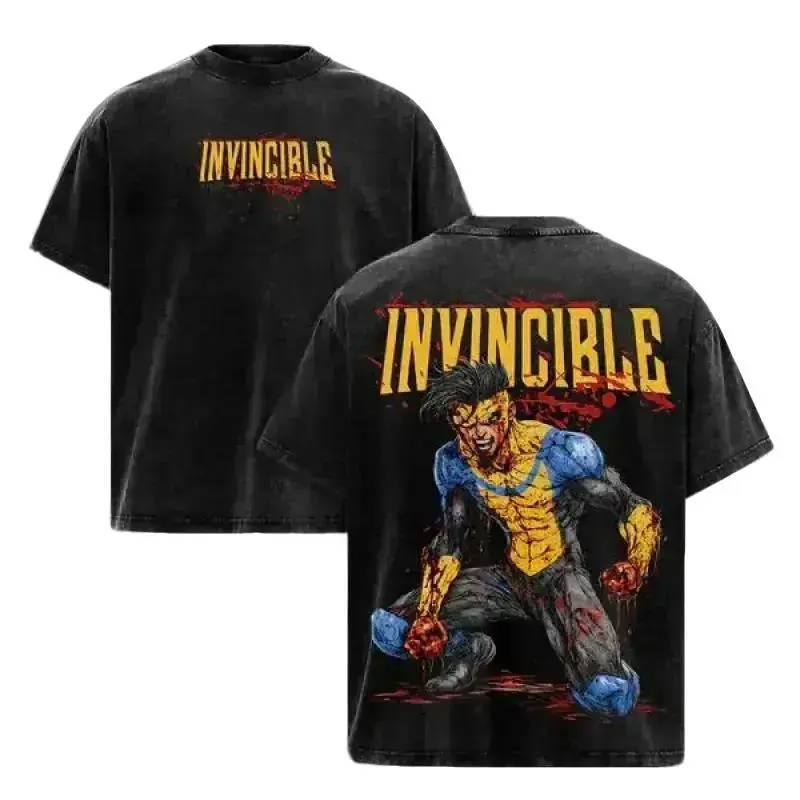 Retro Washed Invincible Mark Grayson Graphic T-Shirt, Hot Anime Manga Print, Heavyweight Cotton Short Sleeve Tee, Oversized Loose Fit, 90s Graphic American Casual Short Sleeve Tee | Premium Soft Cotton Classic Unisex T-Shirt for Daily, Gym & Streetwear