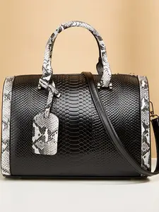 Women's Fashionable Snakeskin Print Handbag, Large Capacity Boston Bag with Bag Charm, Casual Trendy Versatile High-quality Daily Commuting Bag, Elegant Commuter Bag