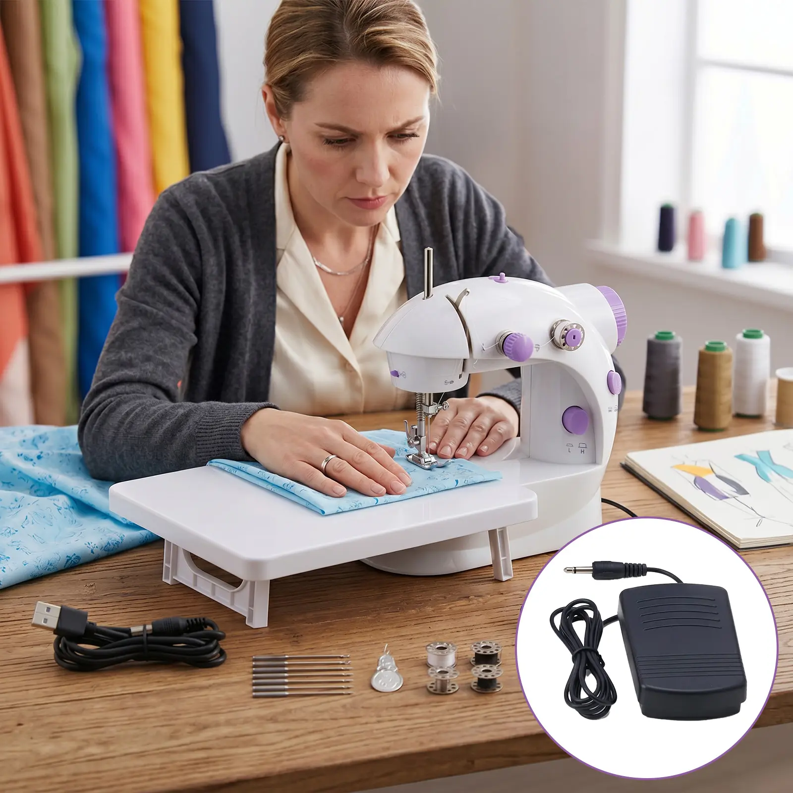USB-Powered Portable Sewing Machine with 7 Stitch Modes, Adjustable Sewing Speed & Overlock Function, Compact Multifunctional Sewing Machine for Clothing Repairs, DIY Crafts & Beginners