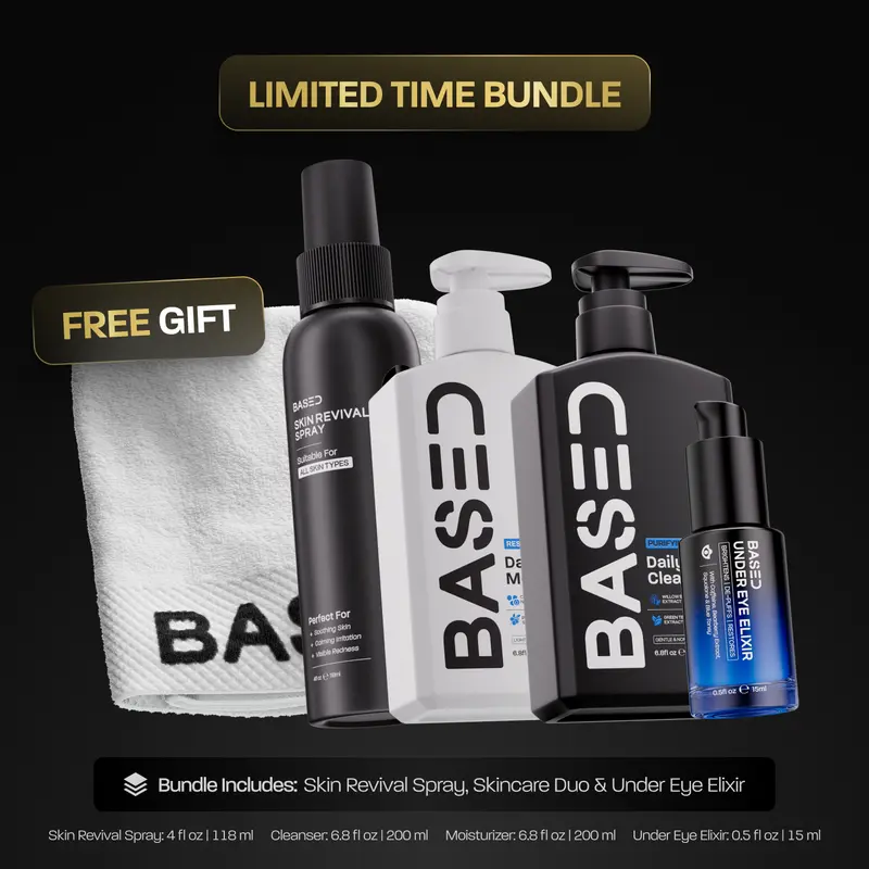 BASED Ultimate Skin Set | Under Eye Elixir, Daily Cleanser, Daily Moisturizer, Skin Revival Spray, White Face Towel | Simple, Effective, Based.