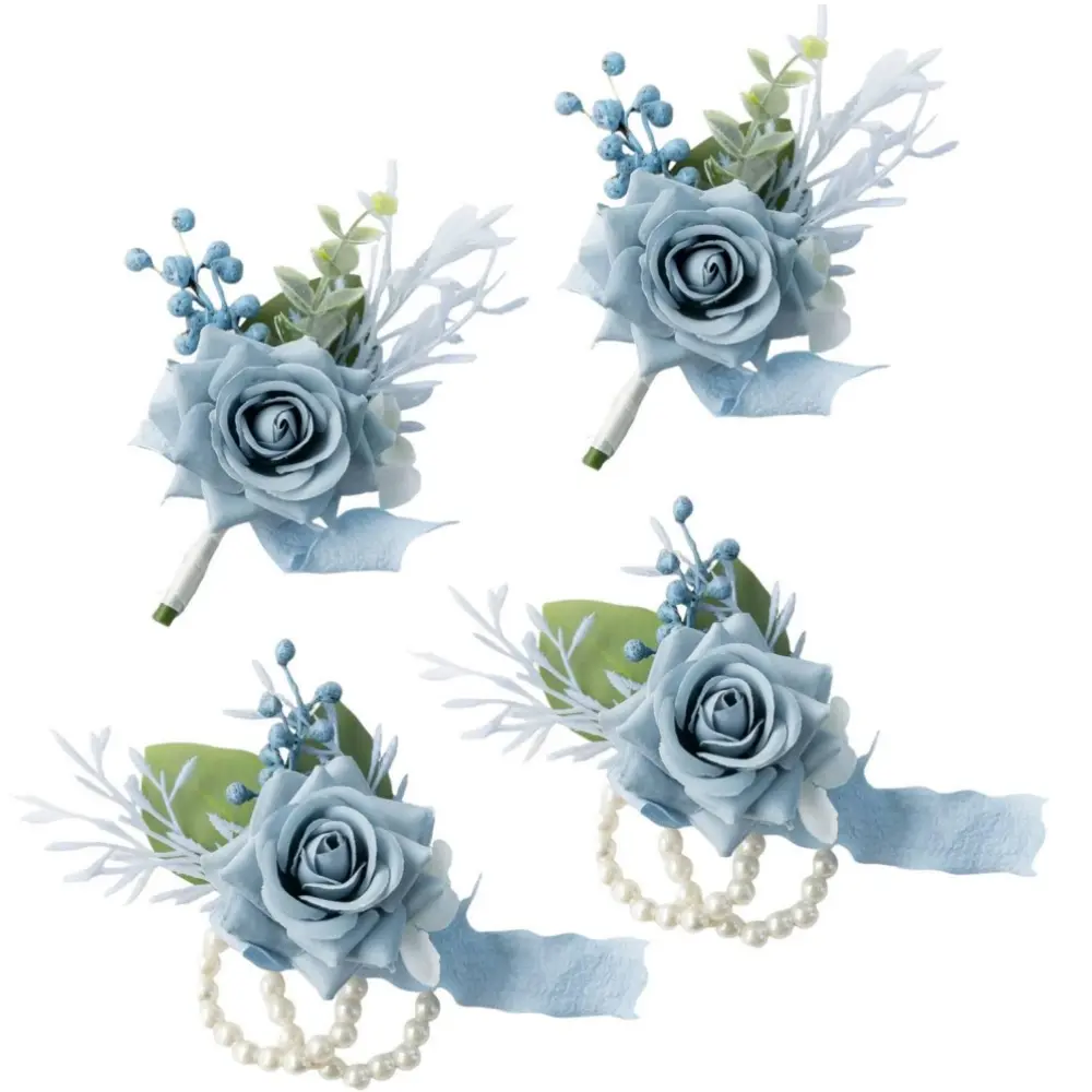 4 pack Wrist Corsage Wristlet and Boutonniere Set Artificial Rose Flowers Wrist Corsage Bracelets Party Suit Decorations for Wedding Prom Party