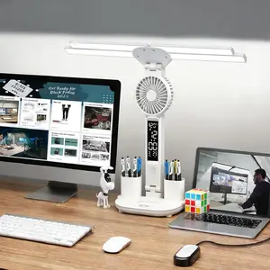 2026 New USB Desk Lamp with Built-in Fan and Pen Holder, Featuring Time and Temperature Display & Three-Color LED Lighting, Ideal for Home, Office, and Dormitory Use—The Perfect Study Companion