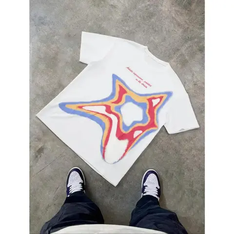 Men's Regular Fit Graphic T-Shirts - Stars & Letter Print, Round Neck, Short Sleeve, Breathable Sports Tops, Streetwear Menswear for Casual Summer Daily Wear, Multi-Size White Sports Clothing