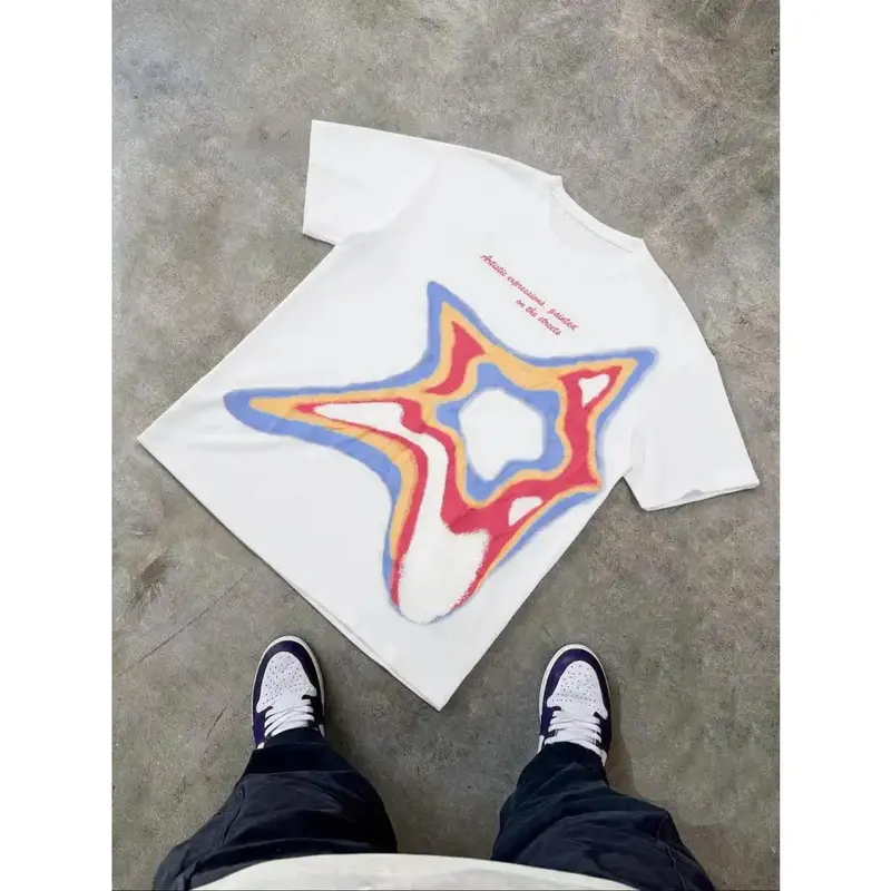 Men's Regular Fit Graphic T-Shirts - Stars & Letter Print, Round Neck, Short Sleeve, Breathable Sports Tops, Streetwear Menswear for Casual Summer Daily Wear, Multi-Size White Sports Clothing