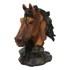 Wild and Free Brown Stallion Equine Horse Bust On Rocky Pillar Base Figurine
