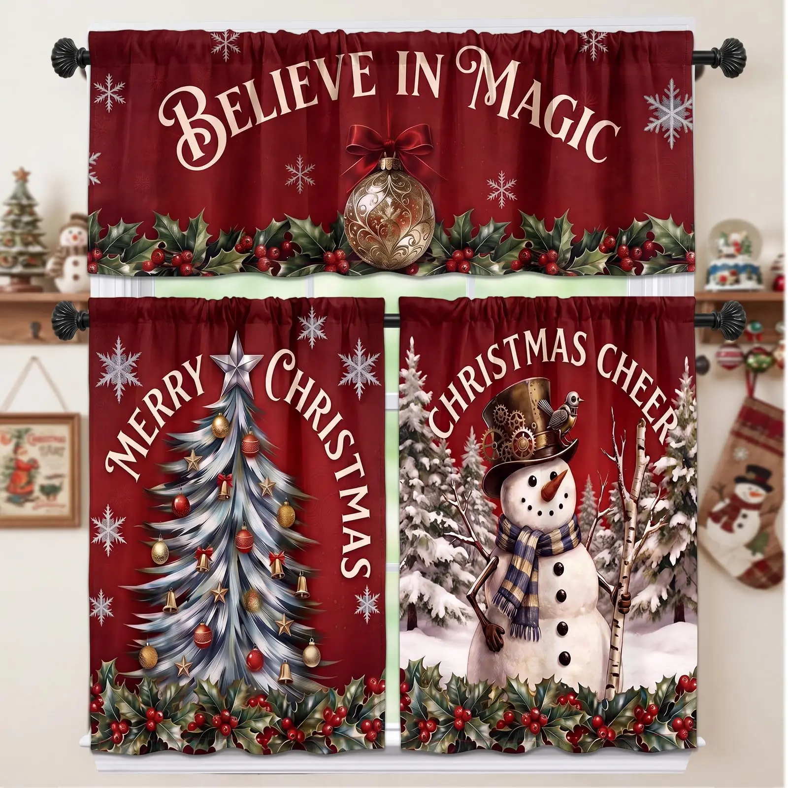 3 Pcs Christmas Gingerbread Man Kitchen Curtains Set Window Tier Curtain and Valance for Home Bathroom Farmhouse Holiday Decor