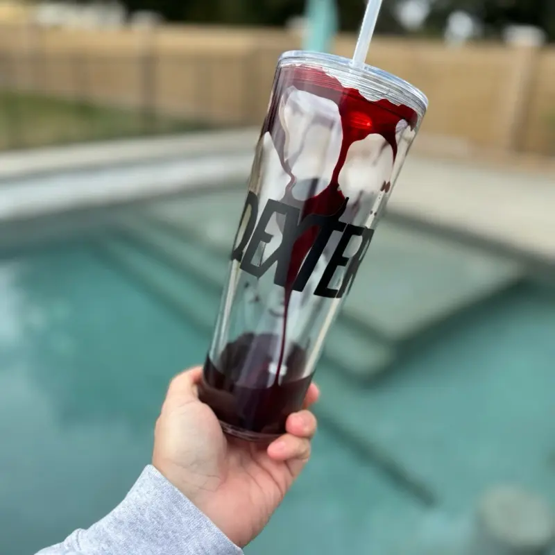 24 oz Portable Handmade Blood Drip Acrylic Double Wall Water Bottle - Reusable Straw Tumbler, Washable Kitchenware Drinkware, Shake Effect, Ideal Gift Idea, 24Oz