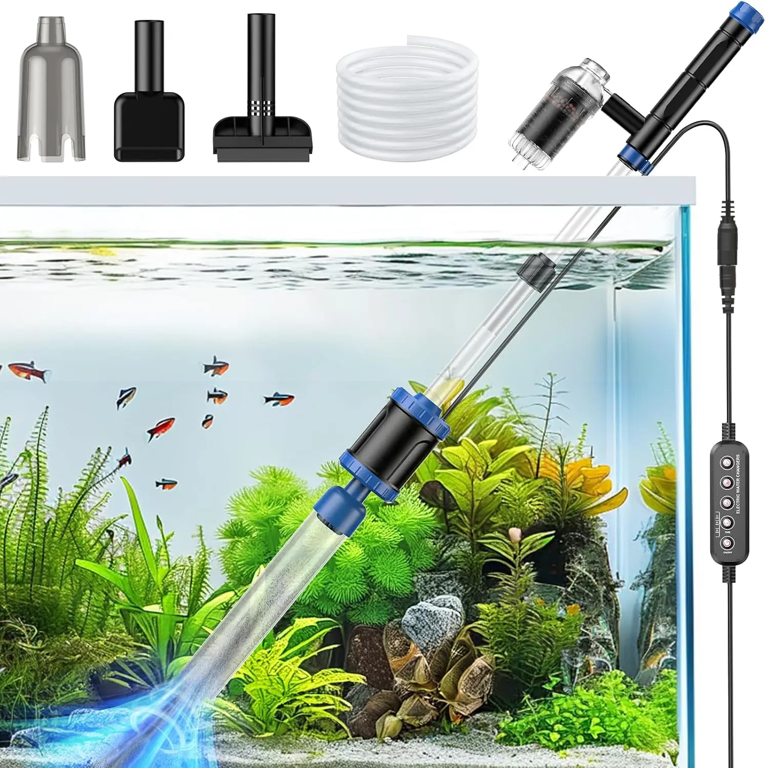 Electric Aquarium Vacuum Gravel Cleaner: 36W Fish Tank Cleaner Vacuum with Strong Suction for Water Change Wash Sand Algae Cleaner Water Shower and Water Circulation, Timed Off | Multifunctional Cleaning Tools, Water Change, Sand Washing, Water Filtration