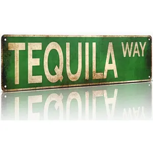 Tequila Way Street Sign Vintage Rustic Metal Tin Sign 4x16 Inches, Funny Wall Art for Kitchen, Home Bar, or Outdoor Patio Decor