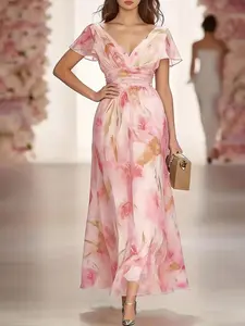 French Romantic Elegant Floral Print Dress, Elegant Formal Dress, Summer Vacation Date Ceremony Banquet Gown, Fashionable Slimming Long Sleeve Women's Dress