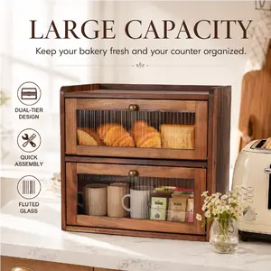 Bread Box for Kitchen Countertop Wooden Bread Storage Container Bin 2 Layer Breadbox Holder Large Capacity Keeper Vintage Farmhouse Food Organizer Pantry Shelf Acrylic Window (Brown)