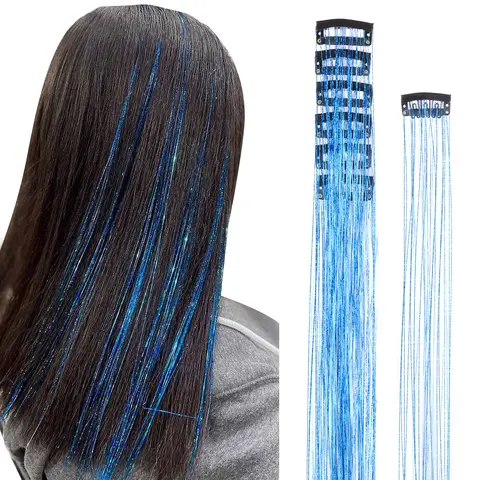 GOO GOO Synthetic Clip-in Hair Tinsel Strands - Women's Glitter Hair Extensions, 8 Vibrant Multicolor Pieces, 24 Inches Adjustable Length, No-Damage Easy-to-Use Long-Lasting, for Parties Events