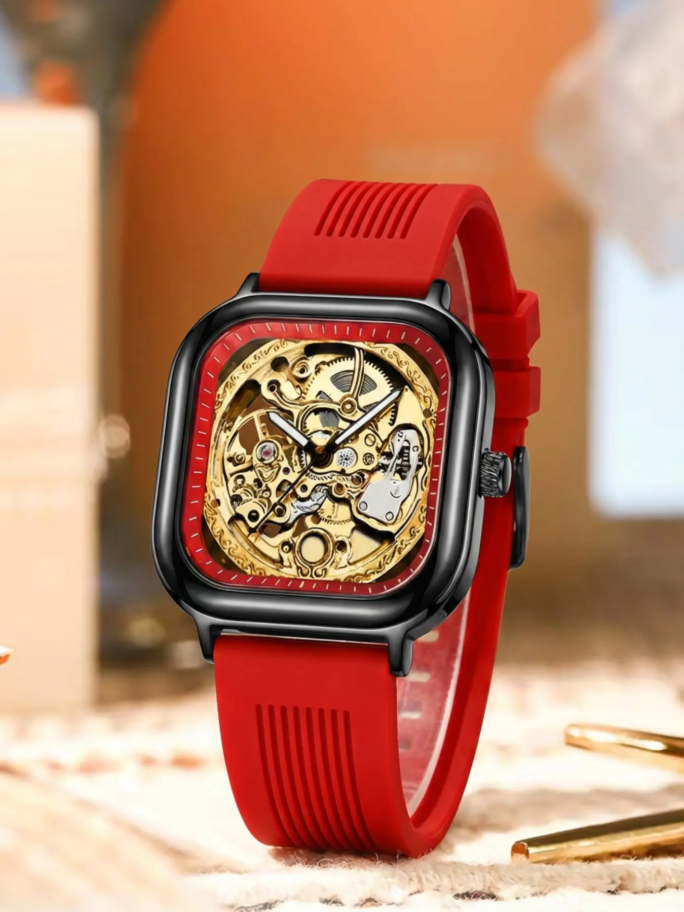 A men's square-shaped watch with a gold case, a hollow design, skeleton watches, red tape, trendy and personalized, luxurious and fashionable large dial, stylish men's edition, sports automatic mechanical watch, Analog mechanical watch