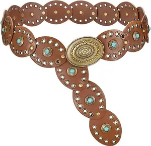 XZQTIVE Western Belts for Women Wide Cowgirl Disc Belt with Turquoise Boho Concho Leather Belt Country Belt for Dress