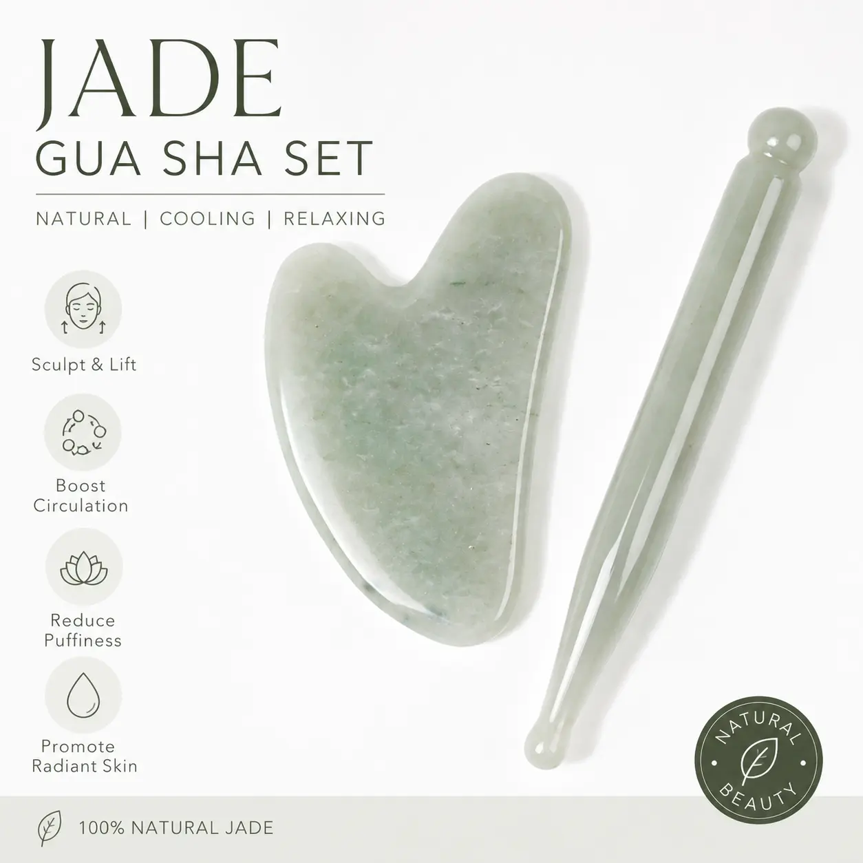 Premium jade facial Gua Sha tool. A comfortable Gua Sha board suitable for facial or body massage. Relieves tension, reduces redness, and enables acupressure massage; ideal for body care, Mother's Day gifts, beachwear, and travel.