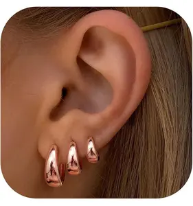 3Pairs Gold Hoop Earrings Set for Women Chunky Gold Silver Earring 14K Gold Filled Small Huggie Hoops Lightweight Tiny