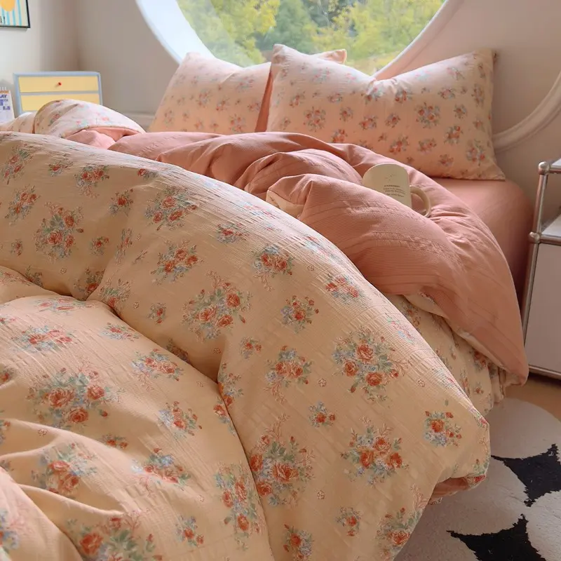 3/4pcs Eco-Friendly Soft Wrinkle Cotton Printed Bedroom Set, Comfy Bed Sets, Natural Plant Dye, Minimalist Style, European Family Daily Use Bedding Suite