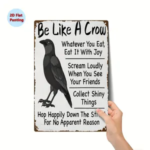 Vintage Metal Wall Art Featuring Humorous Crow Illustration for Home Garden and Workshop Decor