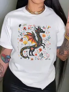 Floral Dragon Print Breathable Casual T-Shirt, Loose Fit Short Sleeve, Comfortable Cotton Fabric, Summer Essential for Women