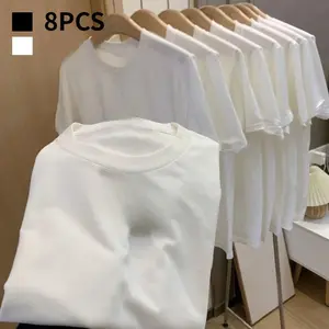 Solid 8-Pack Summer Casual 100% Cotton Regular-Fit Women and Men Crew Neck Basic Black  White  T-Shirts