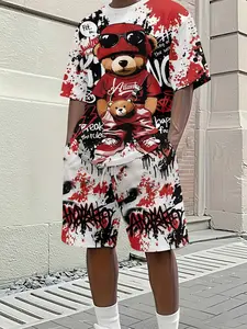 Two-piece set with trendy 3D digital print of red and black graffiti bears, 2Pcs. A stylish and retro casual outfit featuring vacation-style trendy wear and breathable sporty casual design, an ideal festival gift for men.