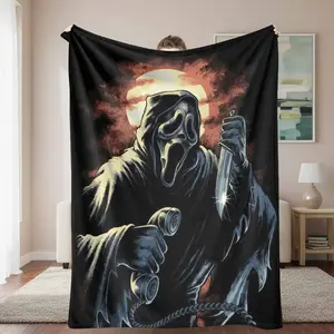 Ghostface Flannel Throw Blanket - Scream Movie Inspired Digital Printing Face Print, Soft, Cozy, Lightweight, Halloween Graphic Ghost Character Graphic Blanket, Horror Fan Gift, Halloween Movie Night Essential, Character Graphic Blankets, Digital Printing