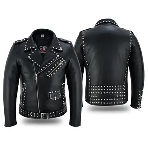 Men’s Leather Motorcycle Jacket – Steel Stud Classic Brando Biker Jacket | Heavy-Duty Cowhide, CE Armor Pockets, Asymmetrical Zipper, and Belted Waist