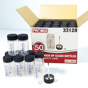 Promix Touch Up Paint Bottles 2oz (Box of 50) – With Child Safety Lids, Mixing Balls, Gradient Markings & Brushes – Solvent-Resistant PET – Car Paint Chip Repair & Scratch Fix Containers