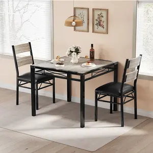 Modern 3-Piece Dining Table Set for 2, Space-Saving Kitchen Table with Upholstered Chairs & Corner Protectors, Rustic Gray Wood Dining Furniture for Apartment Dining Room