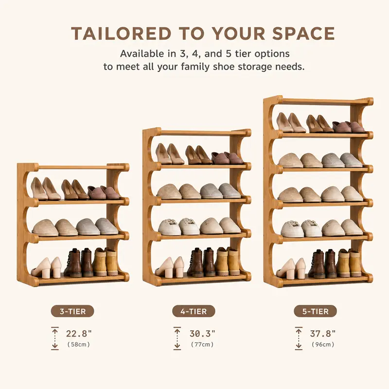 Adjustable Space-Saving Shoe Rack, 3-Tier/5-Tier/6-Tier Options with 22.8in/30.3in/37.8in Sizes, Home Organizer Storage Solution for Family Needs