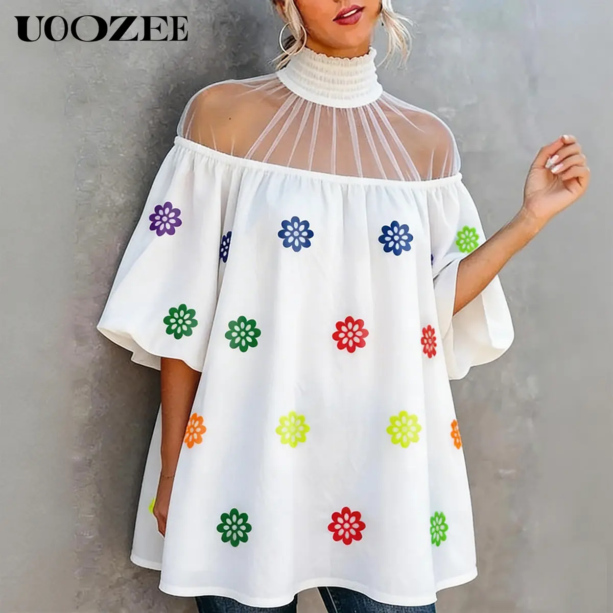 UOOZEE Women's Feminine Off-Shoulder Smocked Floral Blouse - 100% Polyester, Lightweight, Breathable, High Neck, Puff-Sleeve, Oversized Loose-Fit, Plus Size Friendly, Foldable Cute Tops for Women (Valentine's Day Summer Casual, Size Down for Slim Look)