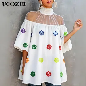 UOOZEE Women's Summer Chic Mesh High Neck Oversized Non-positioned Floral Print Top, White Colorful Off Shoulder Puff Sleeve 100% Polyester Blouse, Loose Fit Summer Casual Shirt, Plus Size Friendly, Size Down for Slim Look