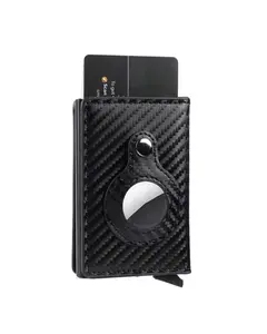 RFID Blocking PU Leather Card Holder with Tracker Cover for Anti-Lost Device - Black Carbon Fiber