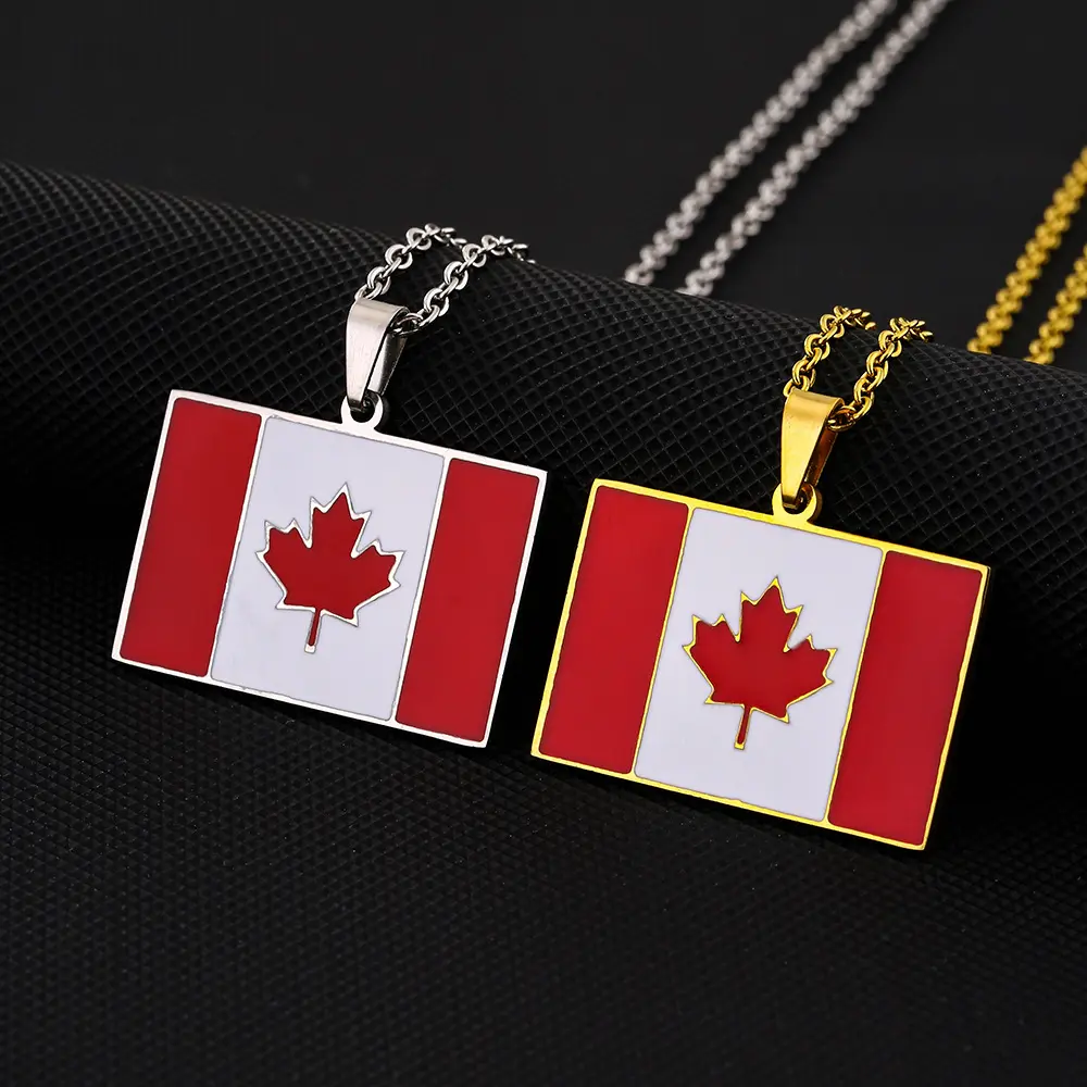 Rectangular Canadian Flag Pendant Necklace, Ethnic Style Stainless Steel Jewelry Accessory for Casual Male, Female Adults, Chain & Link, Unisex, Steel Necklace