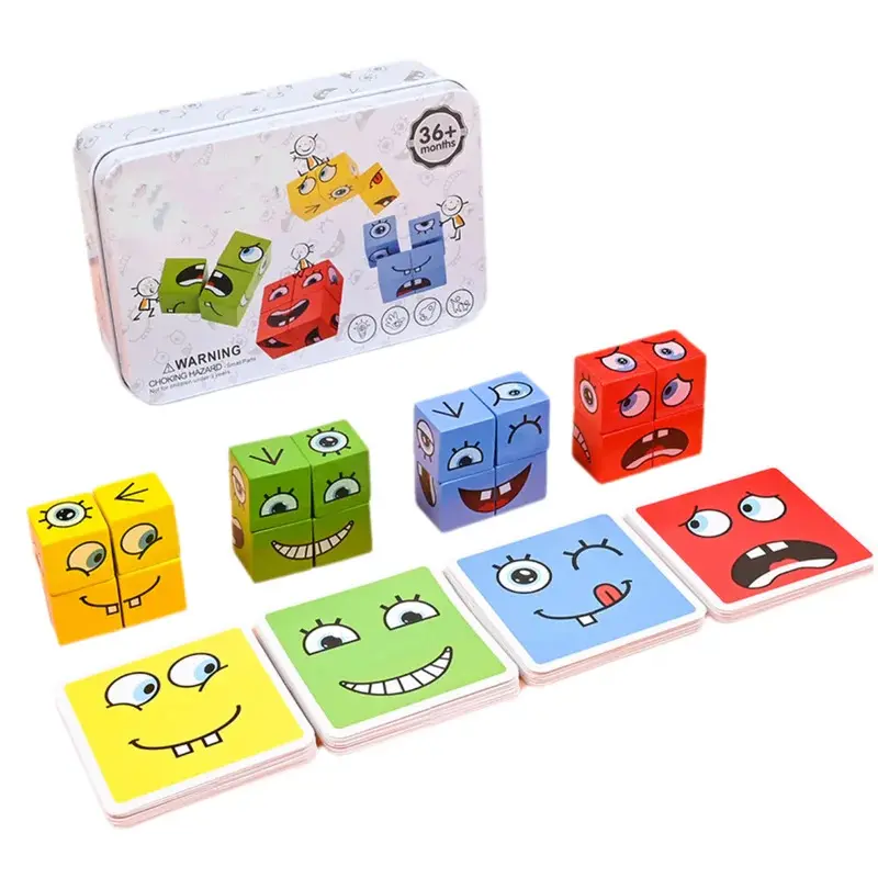 Cube Face Change Building Blocks Board Game Wood Puzzle Montessori Expression Wooden Blocks Blocos For Children Kids Toys Gift Cube Puzzle Box