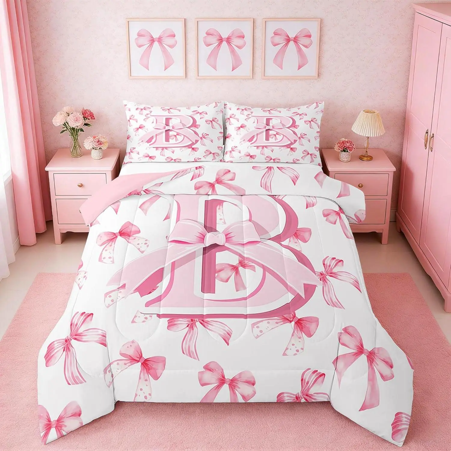 Kids Girls Cute Pink Bow Comforter Set Toddler Personalized Initial B Bedding Set Ultra Soft Monogrammed Duvet Quilt Coquette Bow Knot Quilt Set Room Decor Modern Fashion Comforter