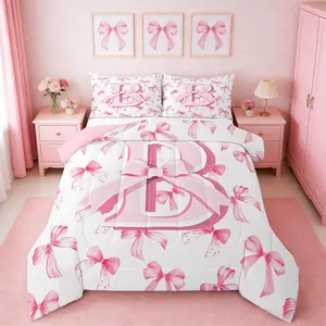Kids Girls Cute Pink Bow Comforter Set Toddler Personalized Initial B Bedding Set Ultra Soft Monogrammed Duvet Quilt Coquette Bow Knot Quilt Set Room Decor Modern Fashion Comforter