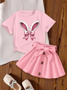 2-Pack Girls' Cute Crew Neck T-Shirt & Skirt Sets | Easter Bunny & Bow Prints | Summer Sweet Casual Outfits