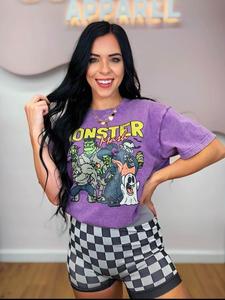 Monster Mash Vintage 90s Acid Wash Unisex Tshirt in Multiple Colors - Autumn Casual Halloween Cotton Loose-fitting Top for Women - Womenswear Retro Style Oversized Soft Breathable Flannel Tee