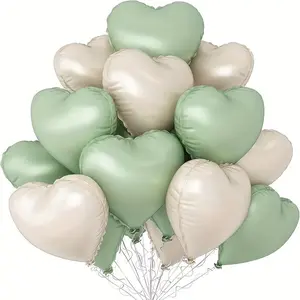 Light green cream colored heart-shaped aluminum foil balloons, 12 heart-shaped balloons with 2 accessories, suitable for jungle adventure parties, birthdays, graduation ceremonies, garden weddings, baby shower party decorations