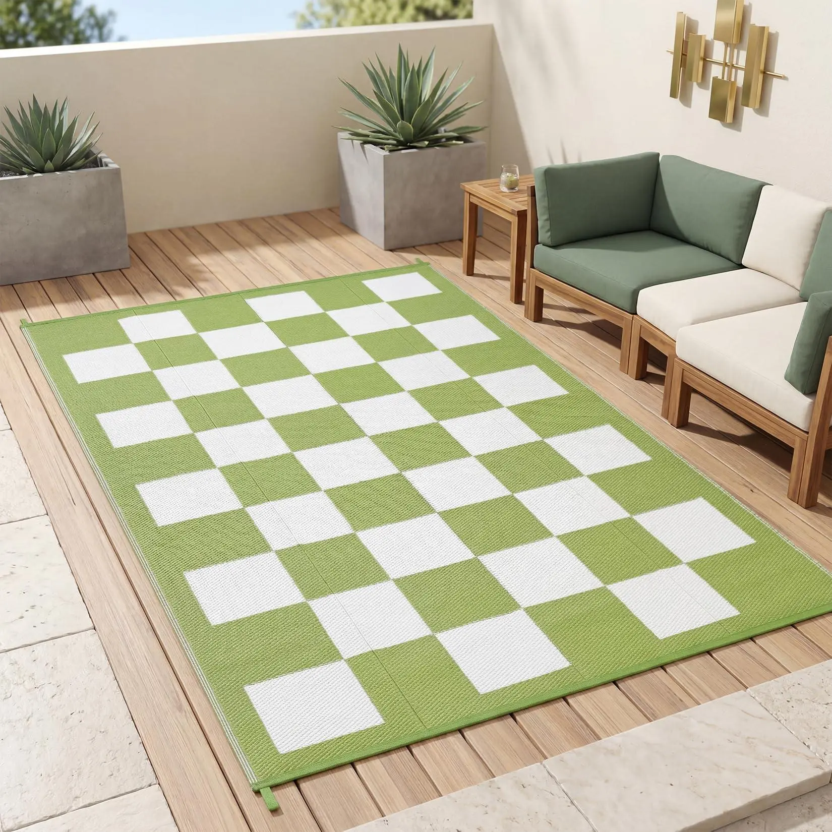 8x10 Foldable Checkered Outdoor Rug, Reversible Woven Straw Plastic Patio Mat with Corner Loops for Deck, Picnic, RV Camping Furniture Set