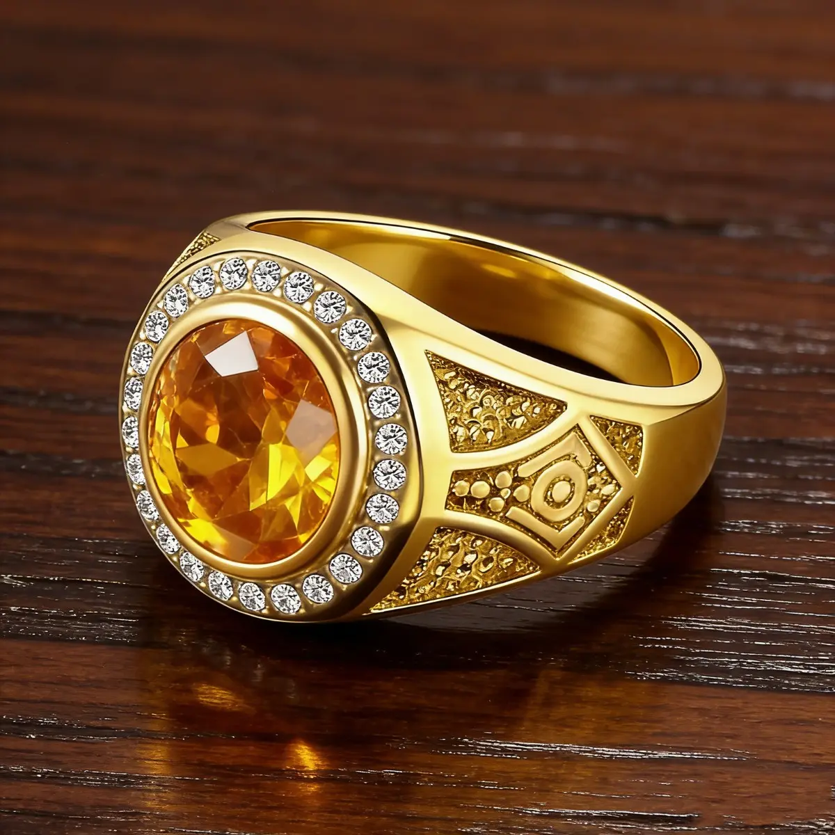 Exquisite CZ Cocktail Ring, Trendy Chunky Avant-Garde Statement Band in Gold-Tone Stainless Steel with an Oval Cut Stone, Exquisite Trendy Ring