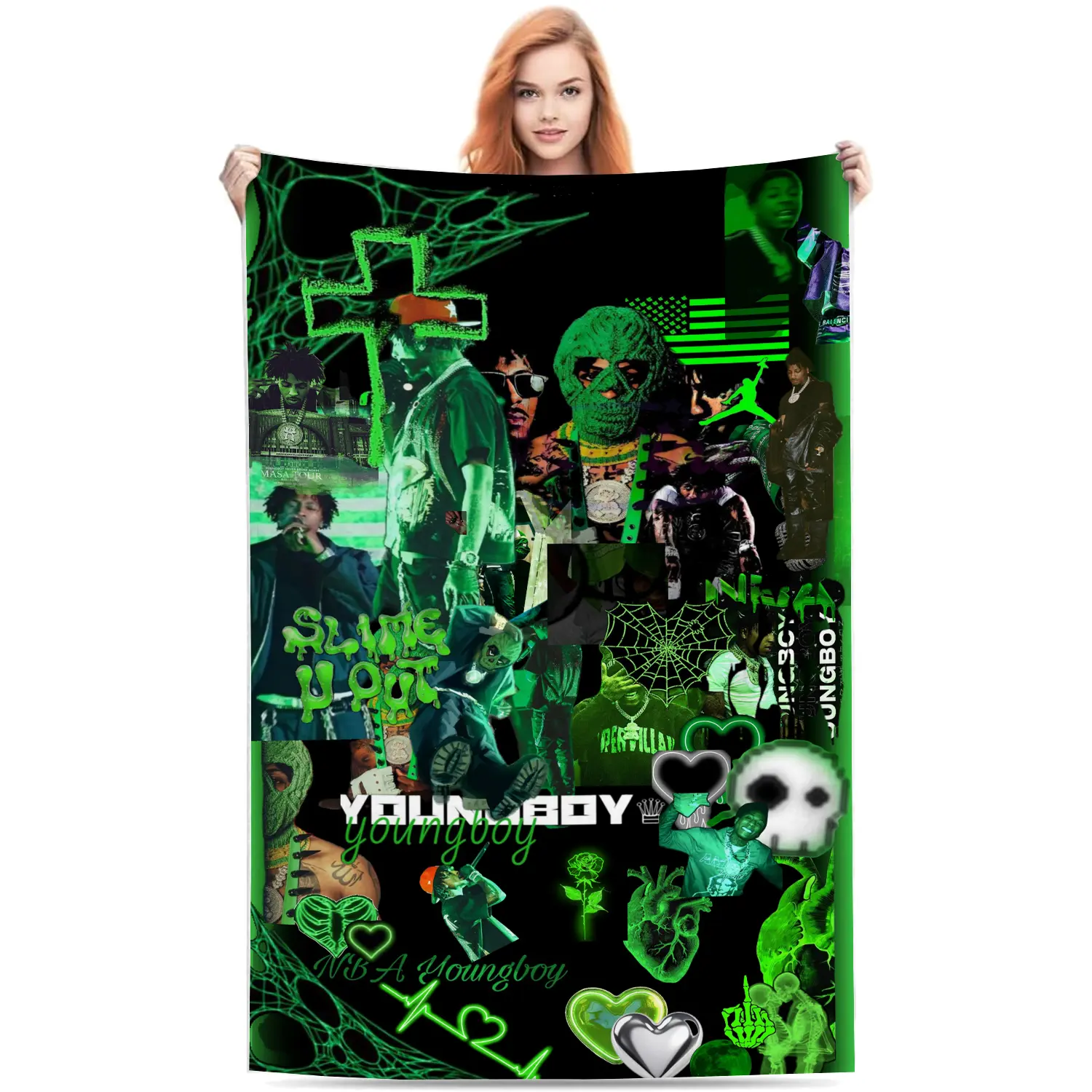 YoungBoy Never Broke Again Polyester Warm Fleece Flannel Throw Blanket - Green Theme Photo Collage Hip Hop Art, Ideal Birthday Gift for Hip Hop Music Lovers, Home Room House Decor, Room Decor, One-Piece