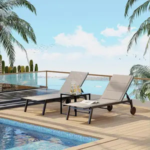 GAOMON Set of 3 Patio Chaise Lounge Chairs with Side Table and Wheels, 5-Position Adjustable Outdoor Poolside Furniture for Garden and Lawn, Heavy Duty Blue Loungers, 3 Piece Set, Brown