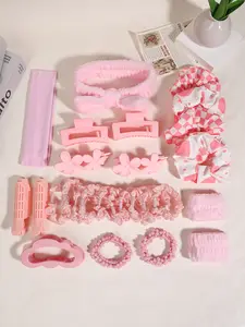 27 pcks Multi-functional Sweet Pink Lovely Bath Set Soft Coral Fleece Hair Band Wrist Band, Elastic Pony Tail Hair Band and Curling Rod Suitable for Bath, Flower Hairpin Block Non-slip Hairpin Non-marking Bangs Side Clip, Suitable for Women's Daily Dress